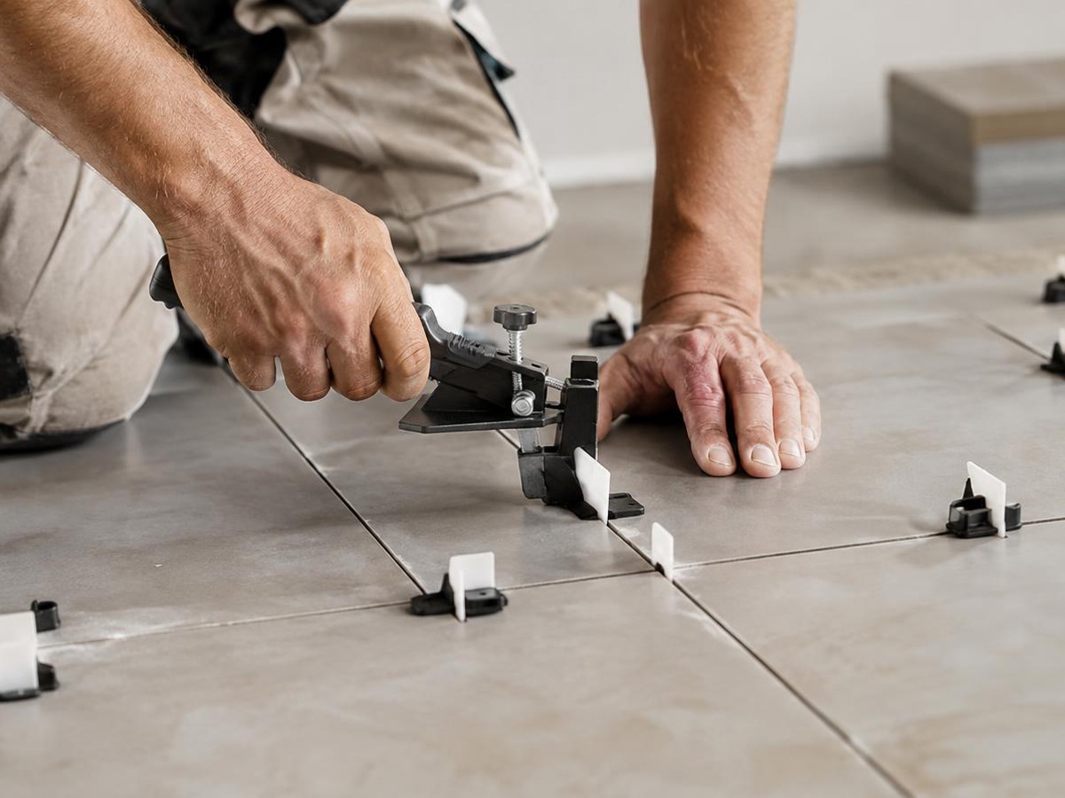 Profesional de Obrisa colocando azulejos con sistema de nivelación
