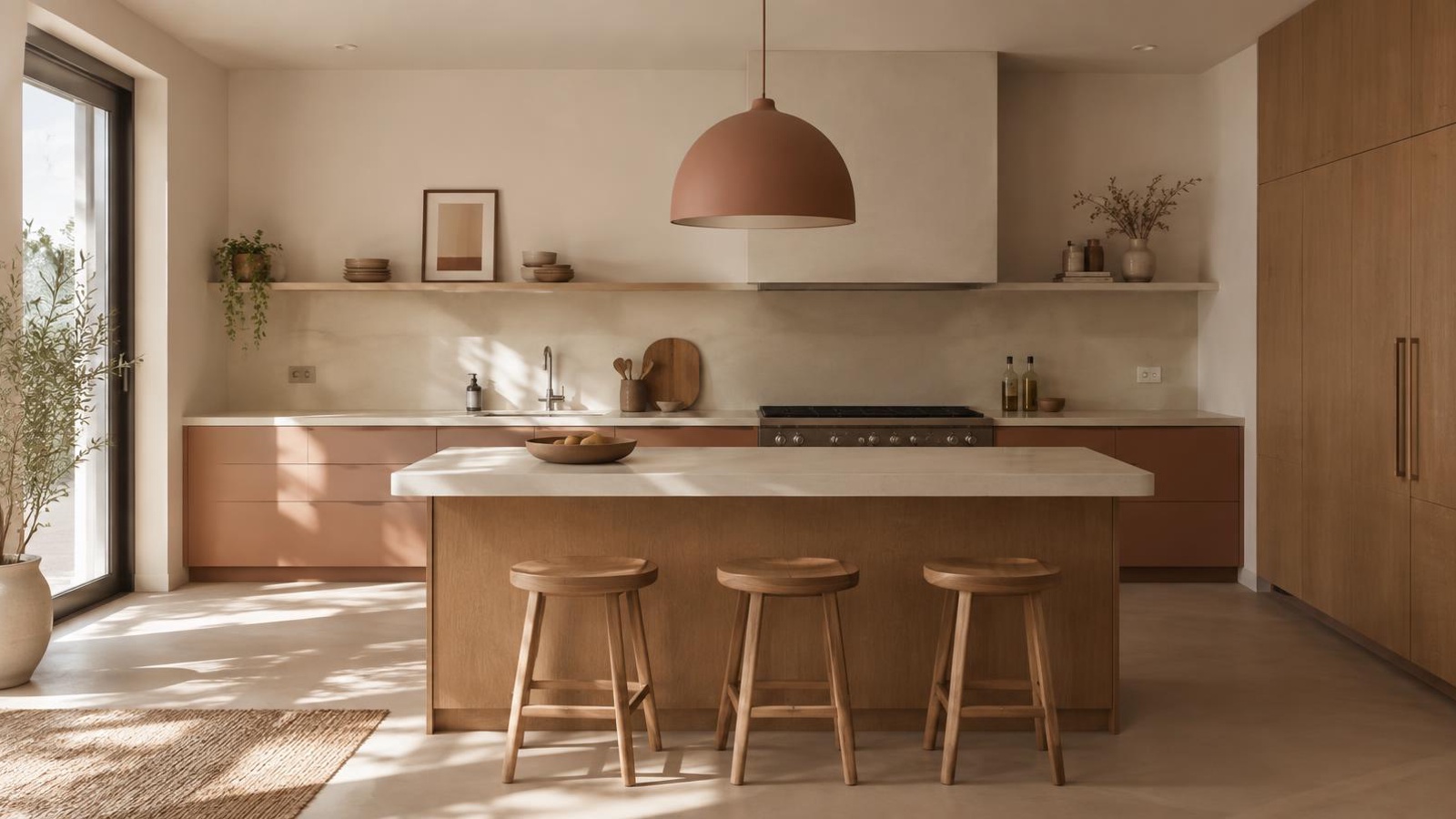 Cocina moderna reformada con muebles de madera cálida y encimera mate
