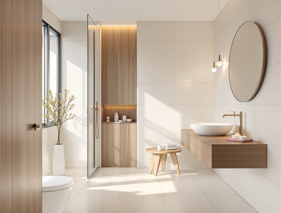 Baño moderno después de la reforma, con ducha de obra y porcelánico de gran formato