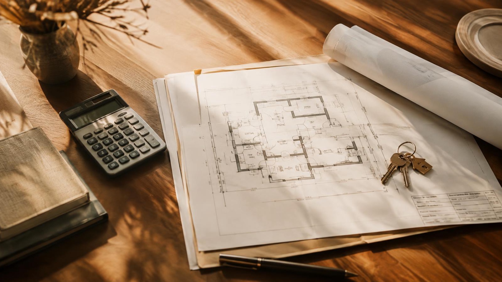 Planos y maqueta de un proyecto de arquitectura sobre una mesa de estudio